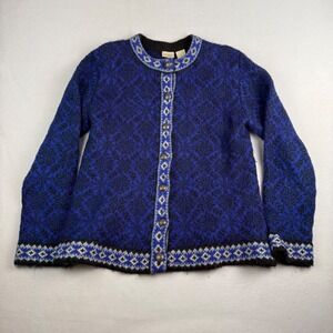 LL Bean Women Blue Merino Wool Fair Isle Nordic Cardigan Sweater Med Reg 0UF39